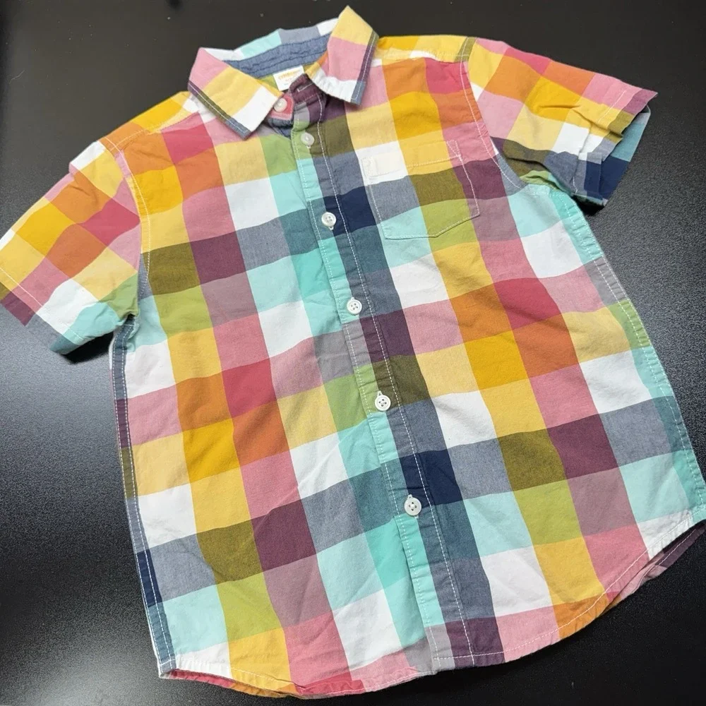 Gymboree Boys Rock Yellow‎ Blue Magenta Checkered Shirt Size S 5/6 Short Sleeve
